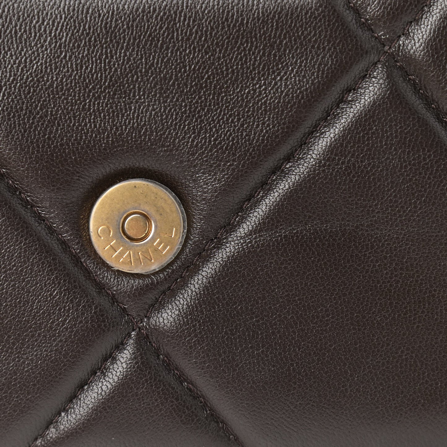 Shiny Goatskin Quilted Chanel 19 Wallet On Chain WOC Dark Brown