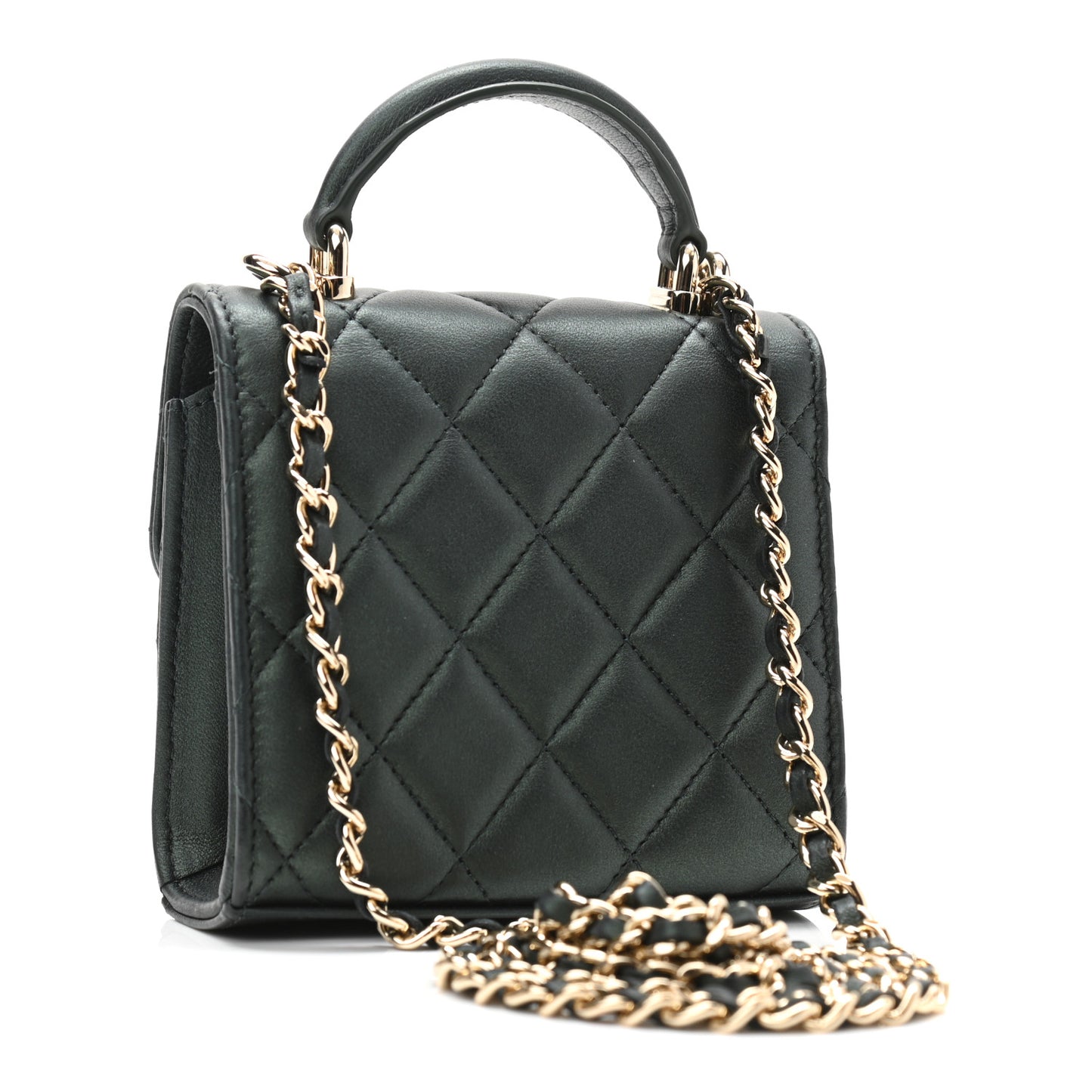 Iridescent Lambskin Quilted Top Handle Clutch With Chain Dark Green