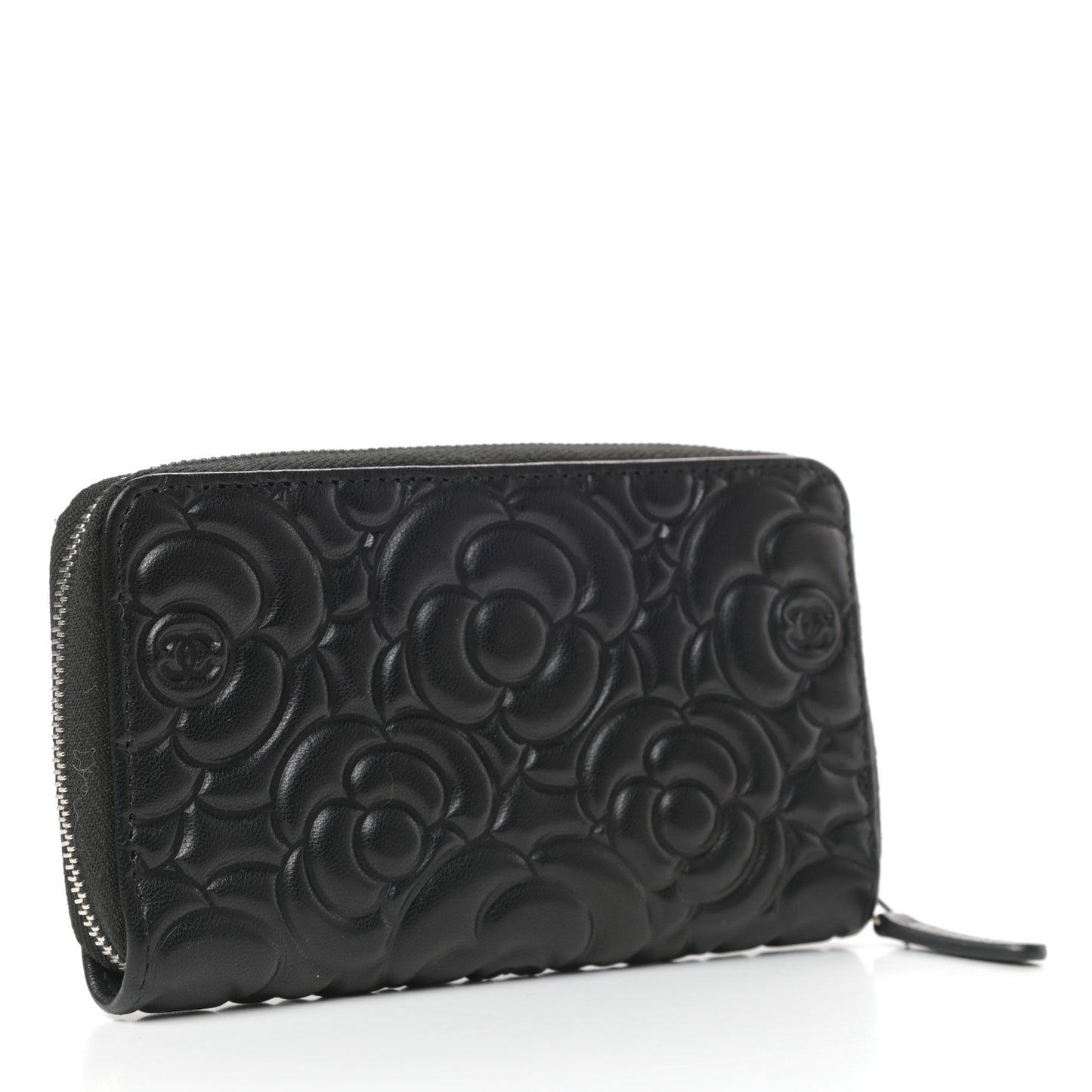 Goatskin Camellia Embossed Medium Zip Around Wallet Black