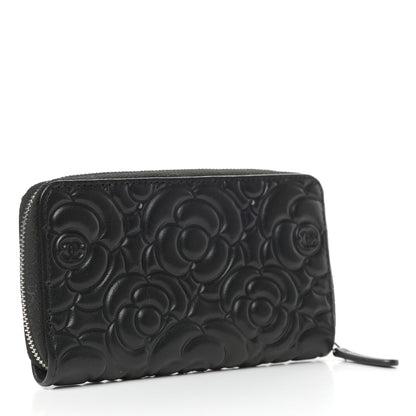 Chanel Goatskin Camellia Embossed Medium Zip Around Wallet Black 3 of 8