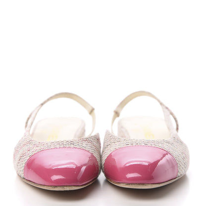 Chanel Tweed Patent Cap Toe CC Slingback Flat 36.5 Pink White 2 of 10
