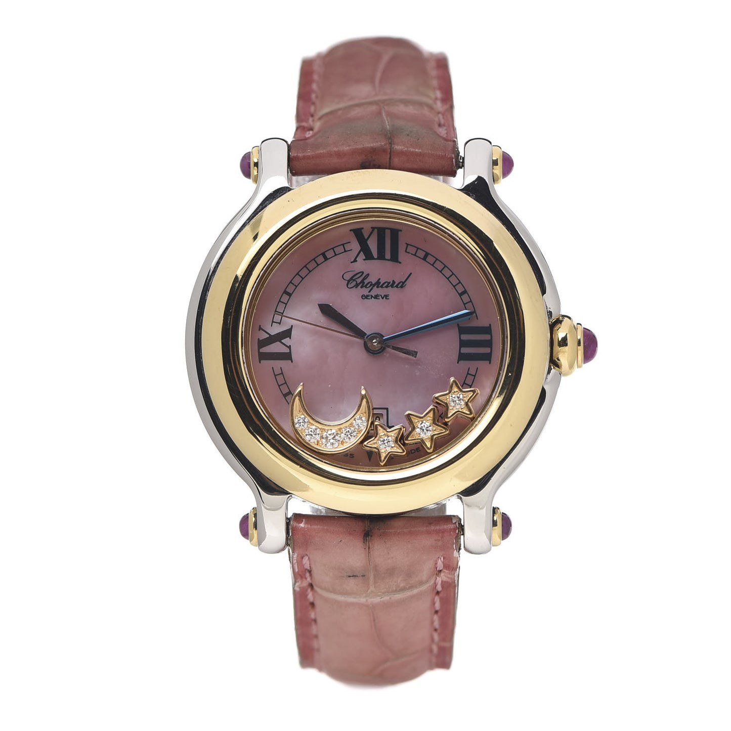 Stainless Steel 18K Yellow Gold Alligator Diamond Pink Mother of Pearl 33mm Happy Sport Moon Star Quartz Watch