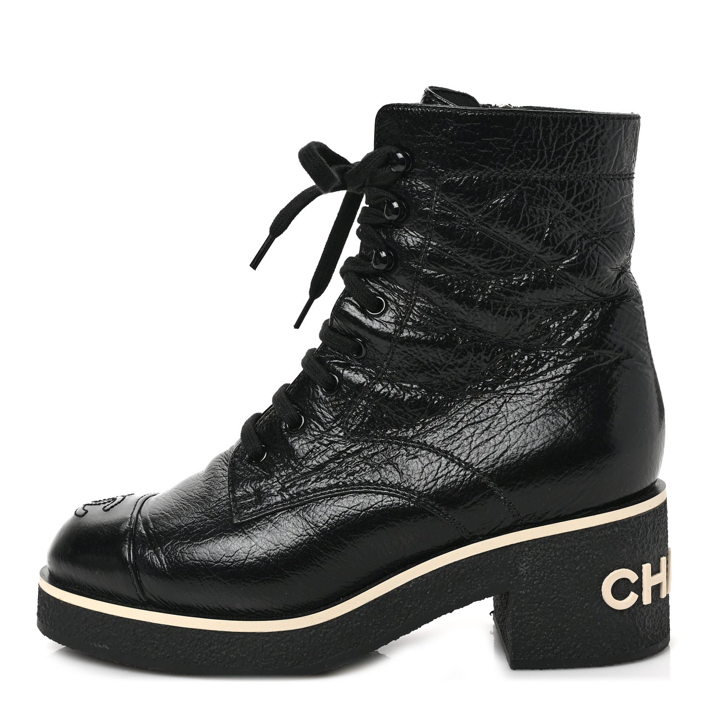 Shiny Crumpled Lambskin Lace Up Combat Boots 38 Black