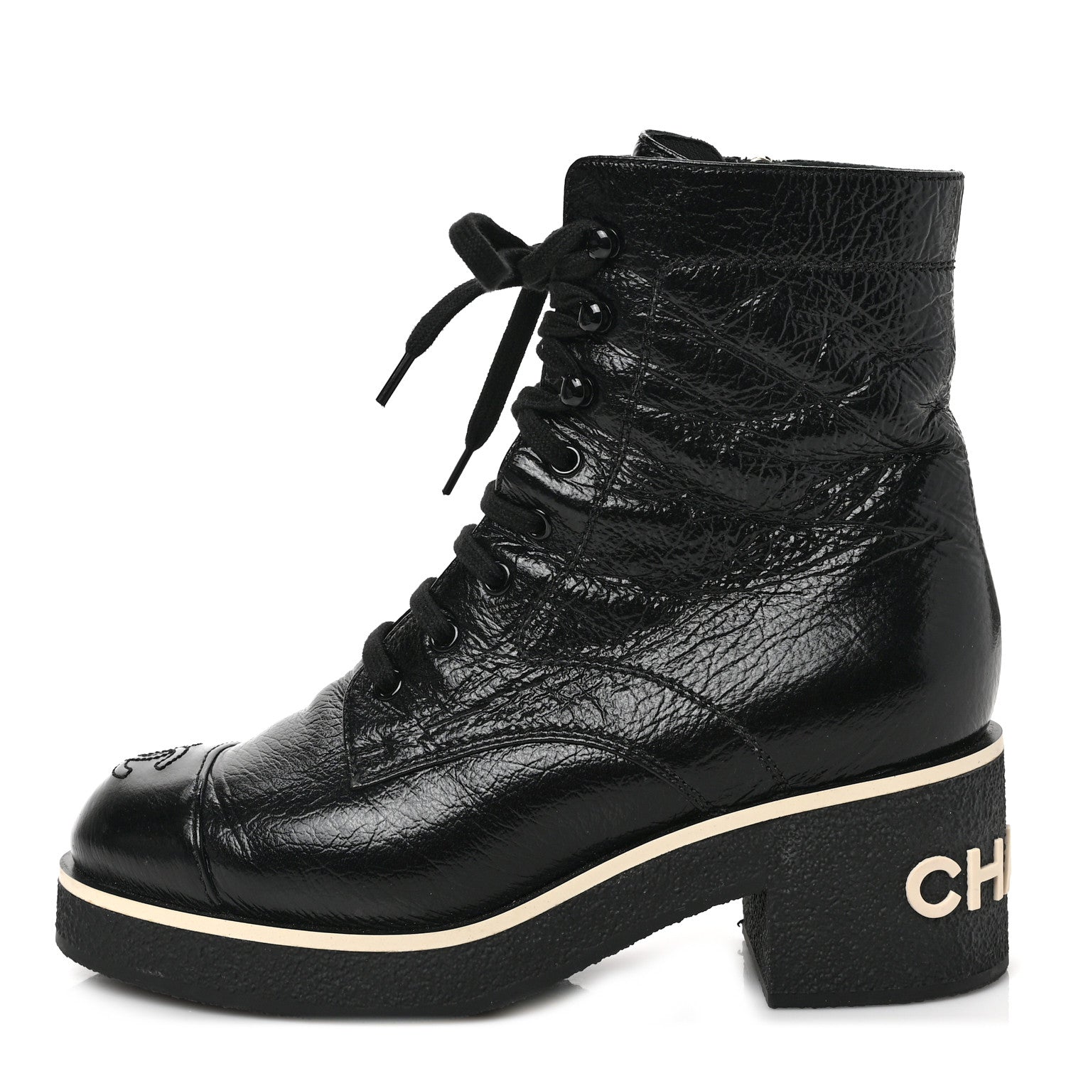 Chanel Shiny Crumpled Lambskin Lace Up Combat Boots 38 Black 1 of 8