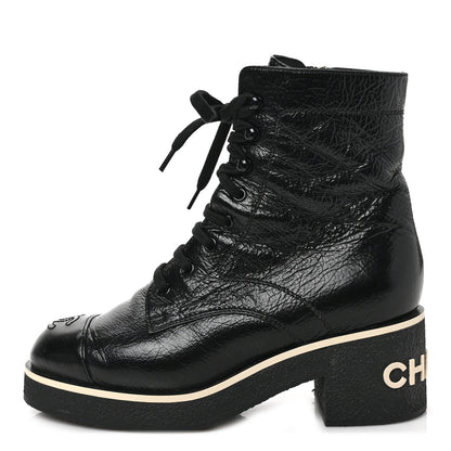 Chanel Shiny Crumpled Lambskin Lace Up Combat Boots 38 Black 1 of 8