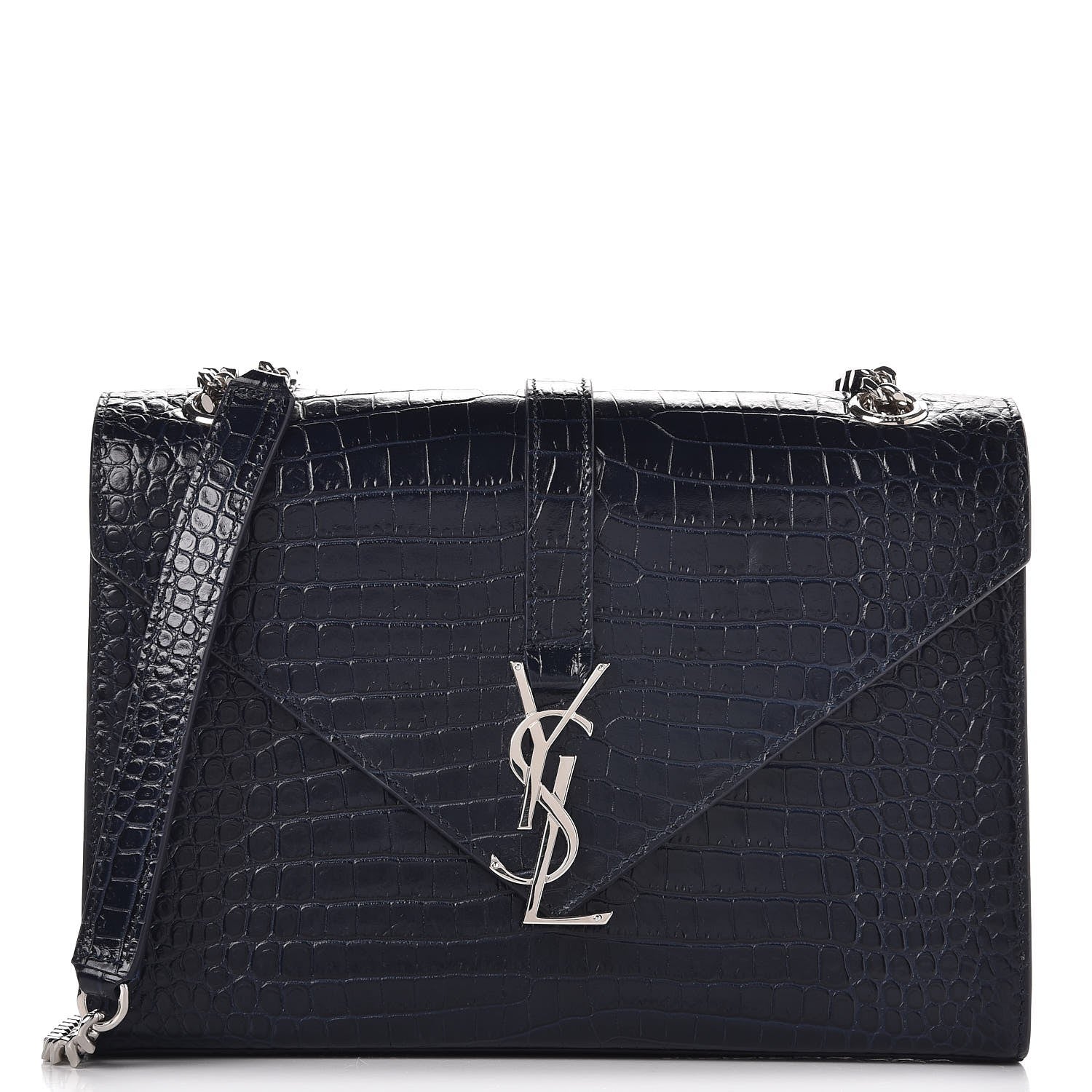 Saint Laurent Calfskin Crocodile Embossed Medium Monogram Envelope Chain Shoulder Bag Navy 1 of 6
