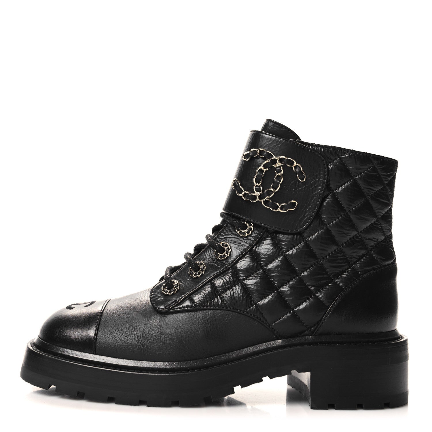 Chanel Shiny Goatskin Calfskin Quilted Lace Up Combat Boots 38 Black 1 of 9