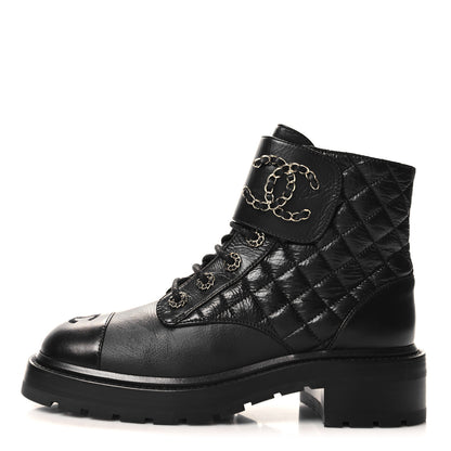 Chanel Shiny Goatskin Calfskin Quilted Lace Up Combat Boots 38 Black 1 of 9