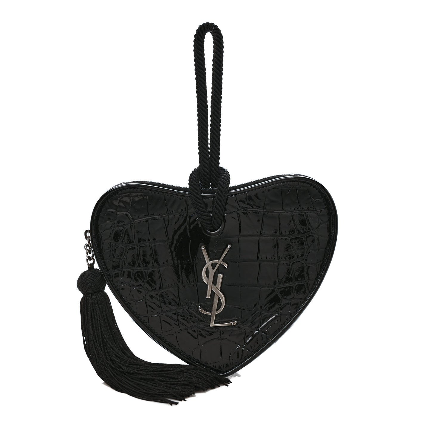 Patent Crocodile Embossed Sac Coeur Heart Shaped Clutch Black