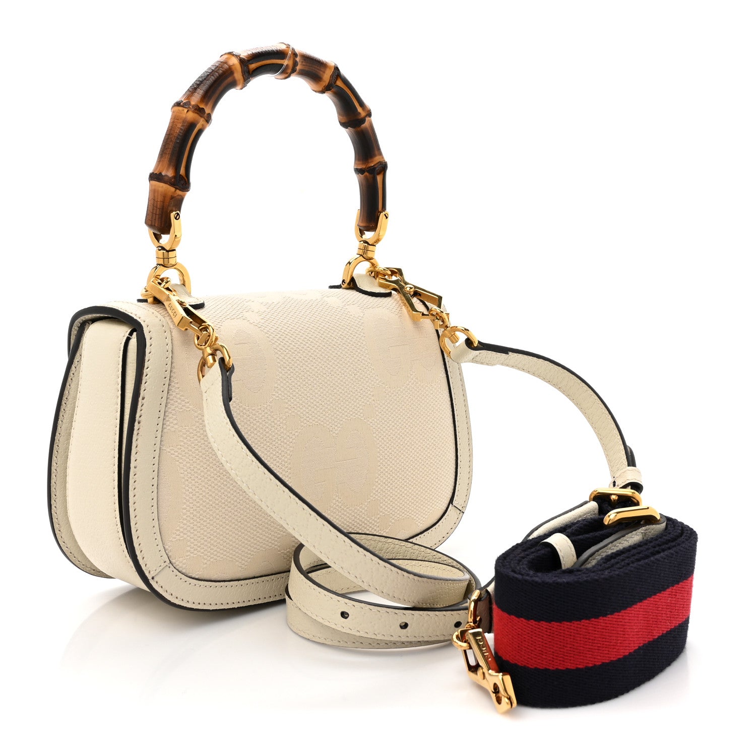 Gucci Monogram Jumbo GG Textured Dollar Calfskin Web Small Bamboo 1947 Top Handle Bag Off White 4 of 15