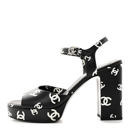 Chanel Printed Lambskin CC Platform Sandals 39.5 Black White 1 of 11
