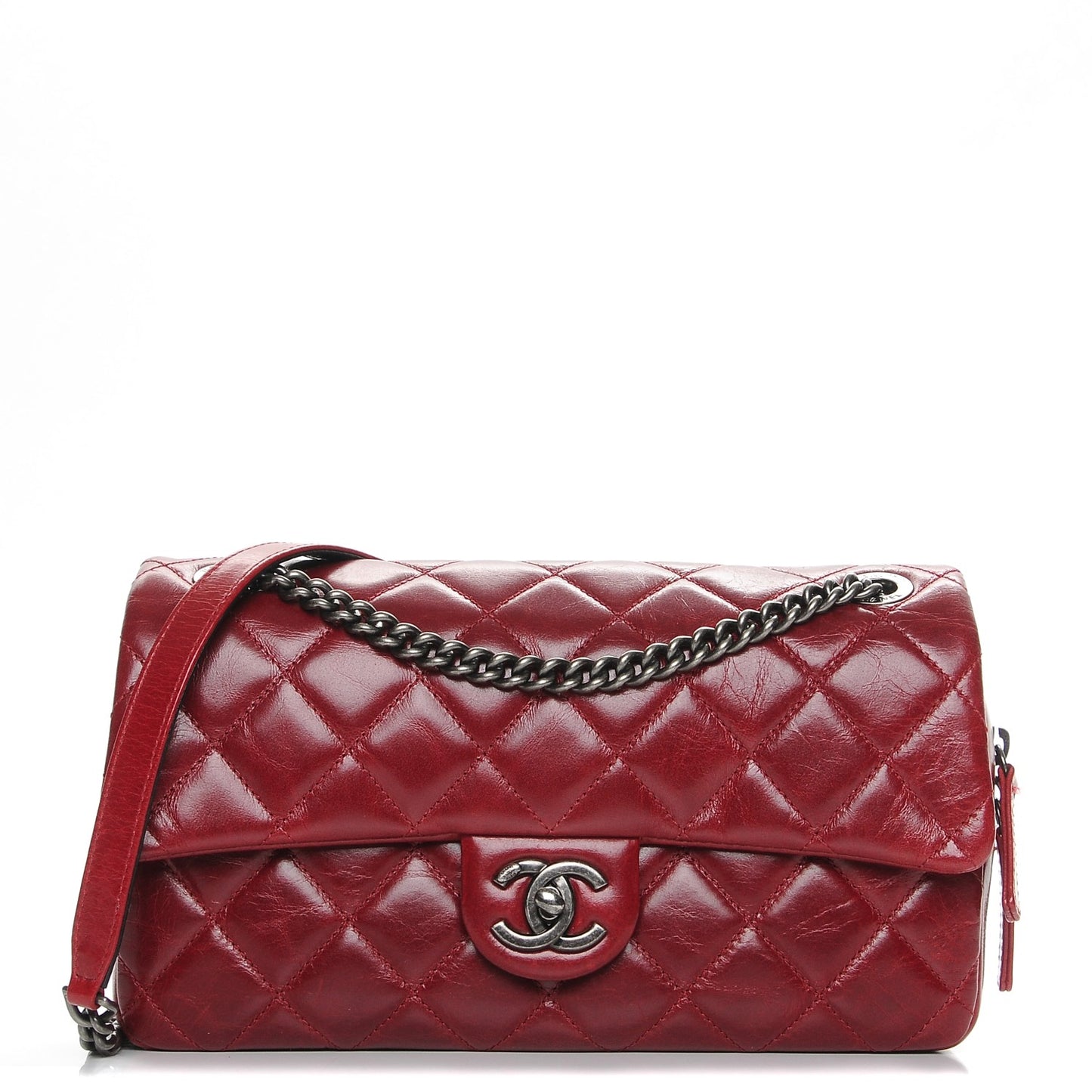 Glazed Calfskin Quilted Medium Duo Color Flap Dark Red