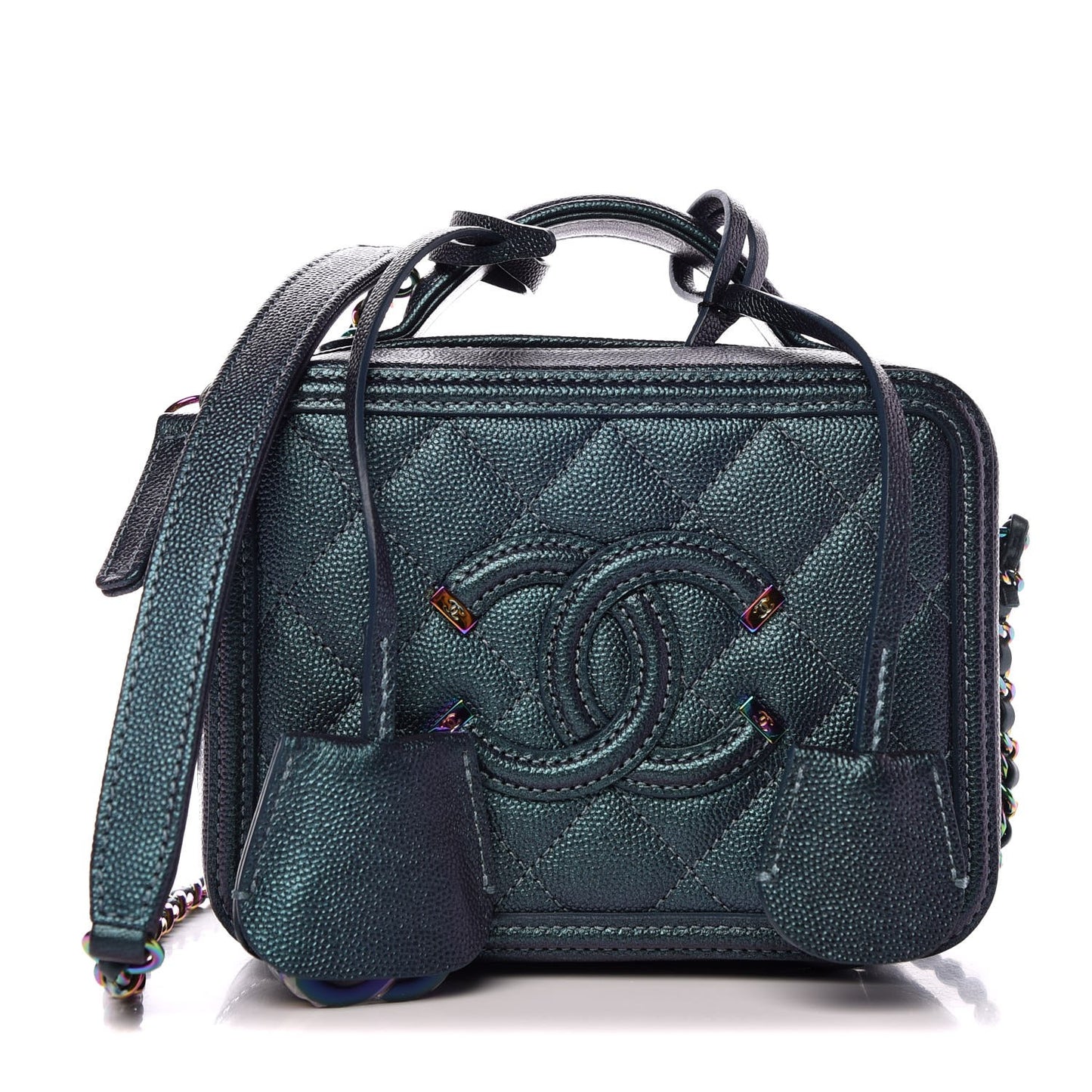 Iridescent Caviar Quilted Small CC Filigree Vanity Case Dark Turquoise