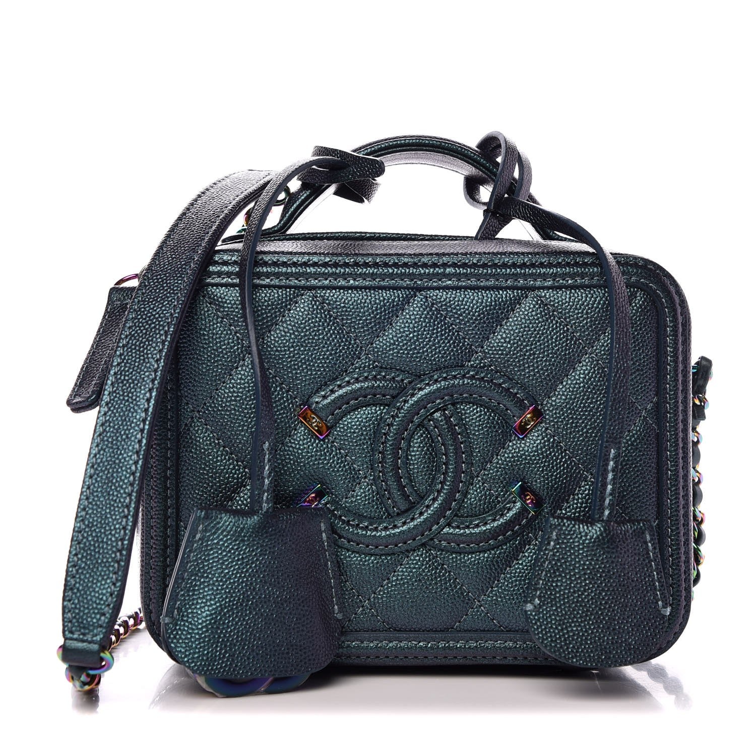 Chanel Iridescent Caviar Quilted Small CC Filigree Vanity Case Dark Turquoise 1 of 8