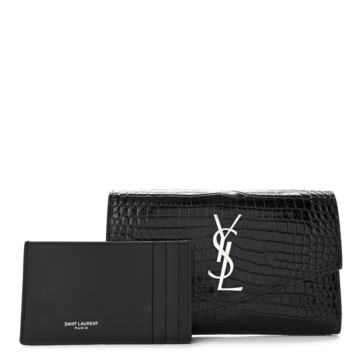 Saint Laurent Calfskin Crocodile Embossed Monogram Uptown Chain Wallet Black 1 of 11