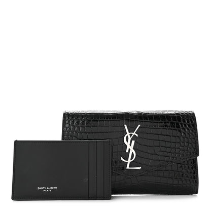 Saint Laurent Calfskin Crocodile Embossed Monogram Uptown Chain Wallet Black 1 of 11
