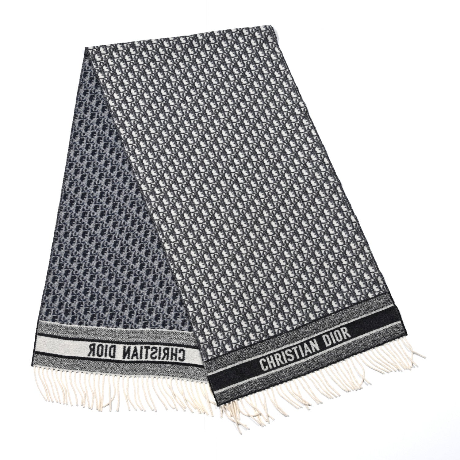 Christian Dior Cashmere Oblique Fringed Scarf Blue 2 of 3