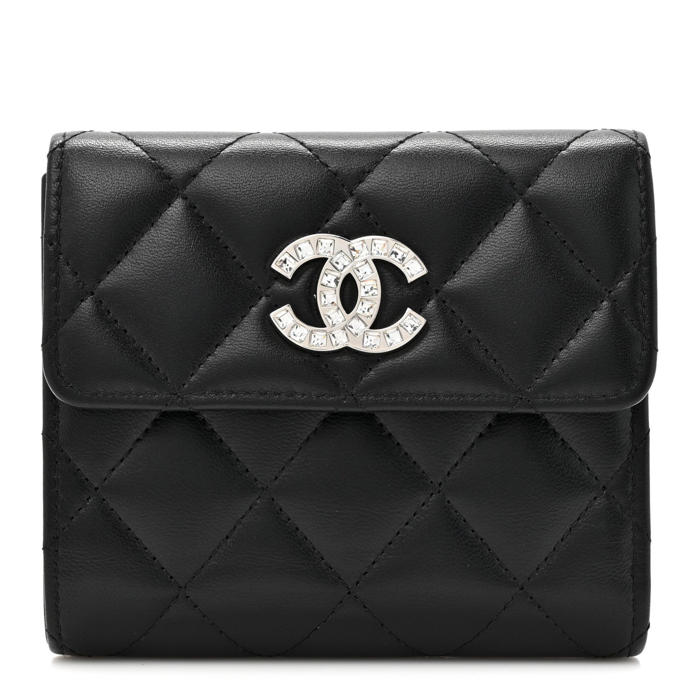 Lambskin Quilted Baguette Crystal Small Compact Wallet Black