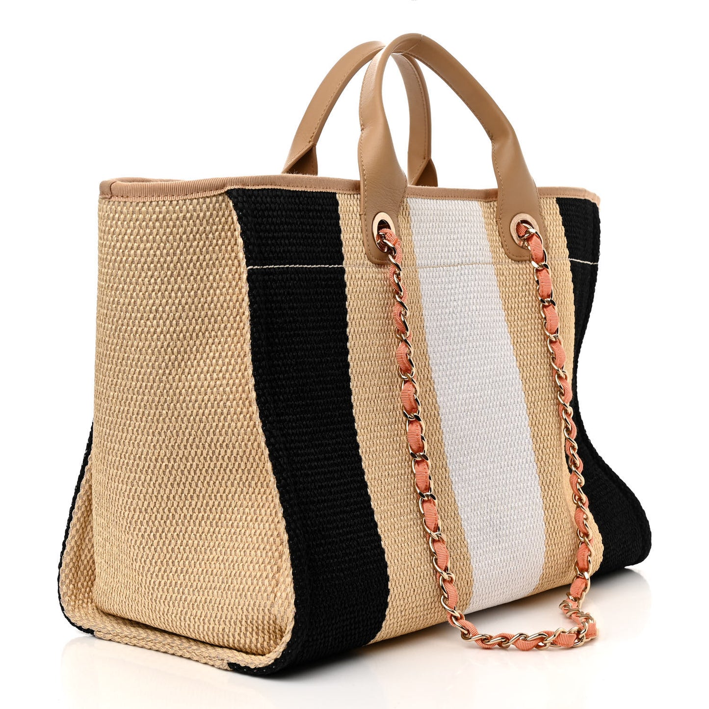 Straw Raffia Calfskin Striped Medium Deauville Tote Black Beige Ivory