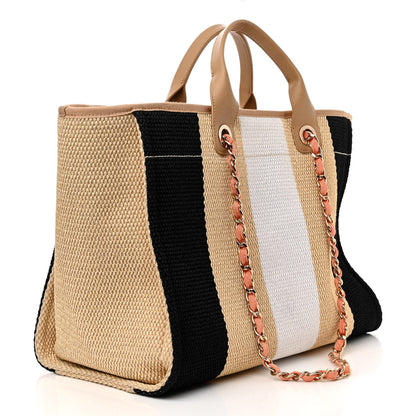 Chanel Straw Raffia Calfskin Striped Medium Deauville Tote Black Beige Ivory 3 of 10