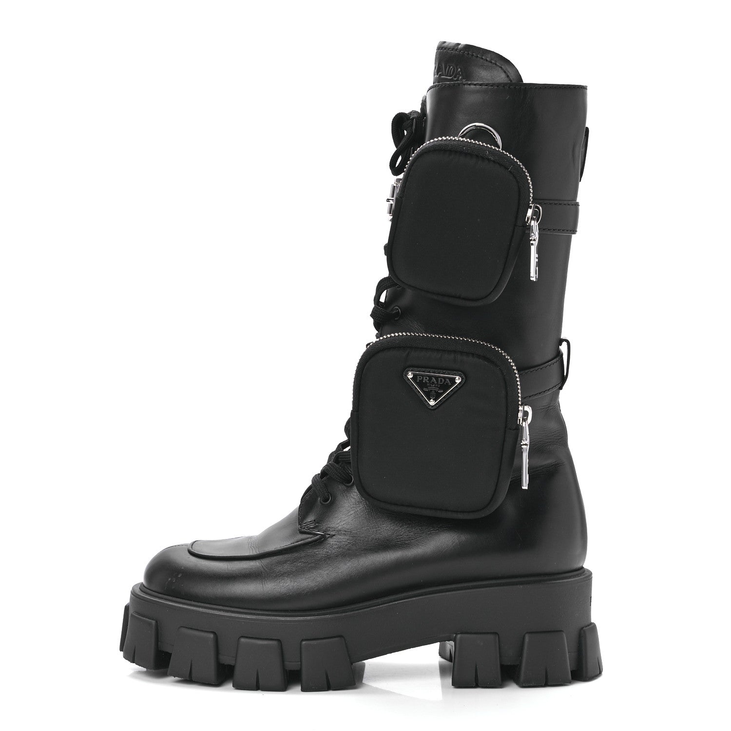 Prada Vitello Lux Nylon Metal Triangle Logo Monolith Pouch Pocket 55mm Tall Combat Boots 40 Black 1 of 10