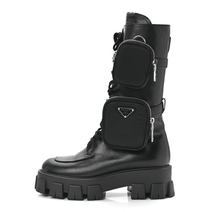 Prada Vitello Lux Nylon Metal Triangle Logo Monolith Pouch Pocket 55mm Tall Combat Boots 40 Black 1 of 10