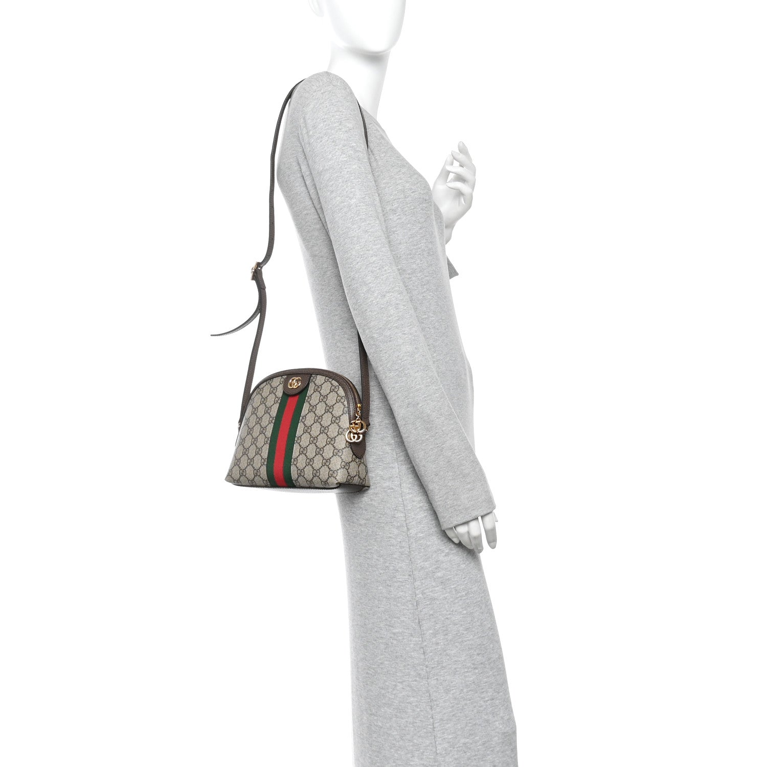 Gucci GG Supreme Monogram Textured Dollar Calfskin Web Small Ophidia Dome Shoulder Bag Beige Ebony New Acero Brown 2 of 10