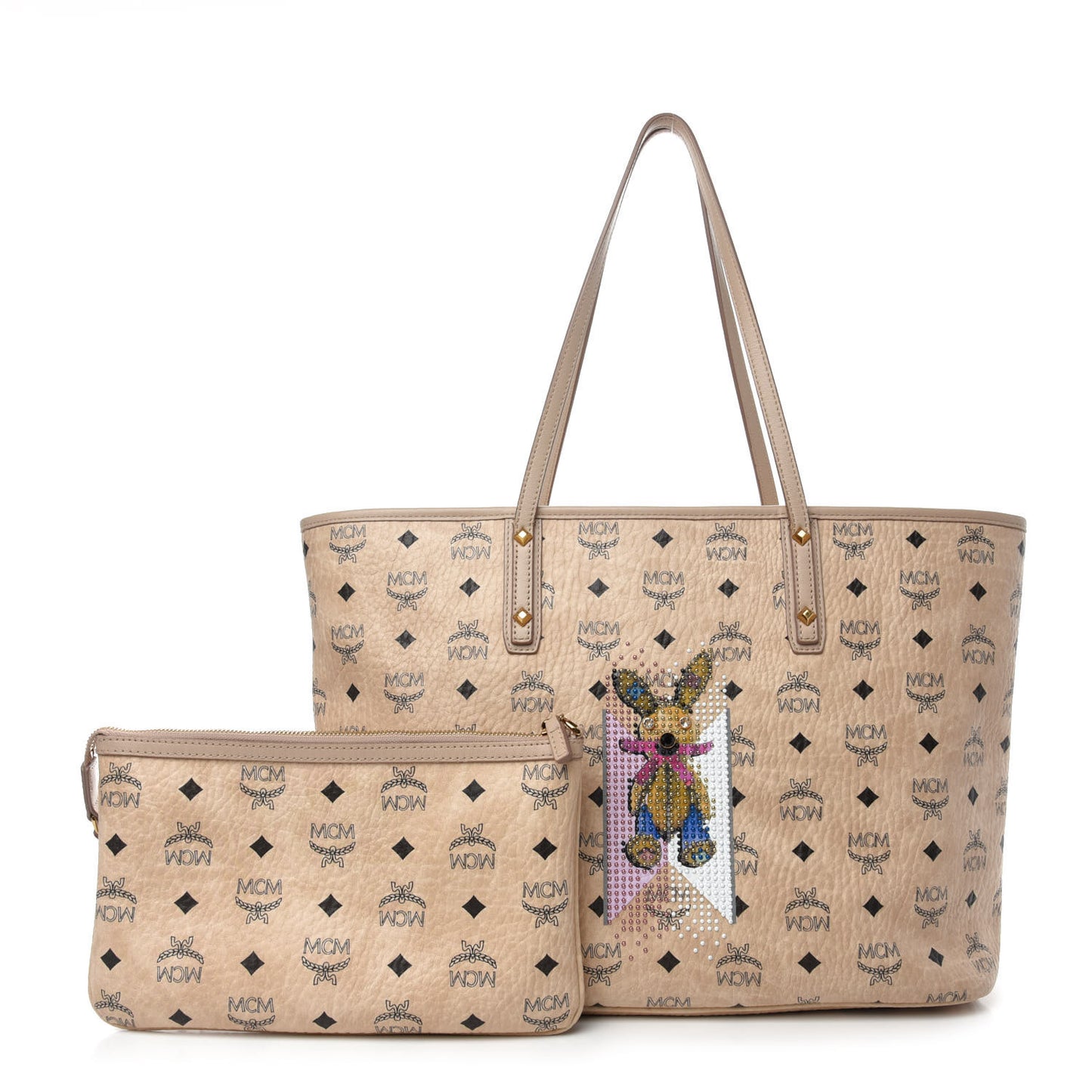 Visetos Medium Studded Rabbit Top Zip Shopper Tote Beige