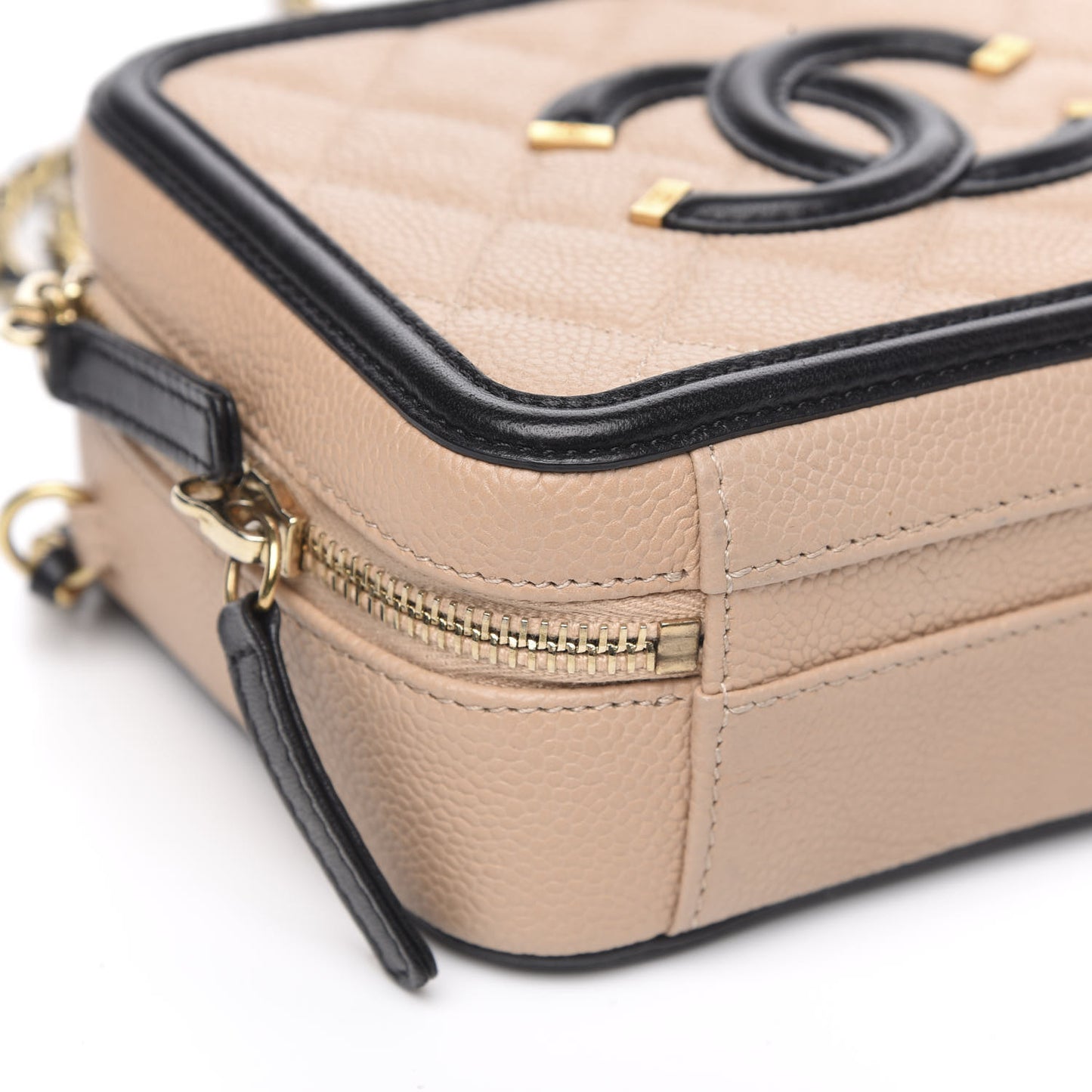 Caviar Quilted Small CC Filigree Vanity Case Beige Black