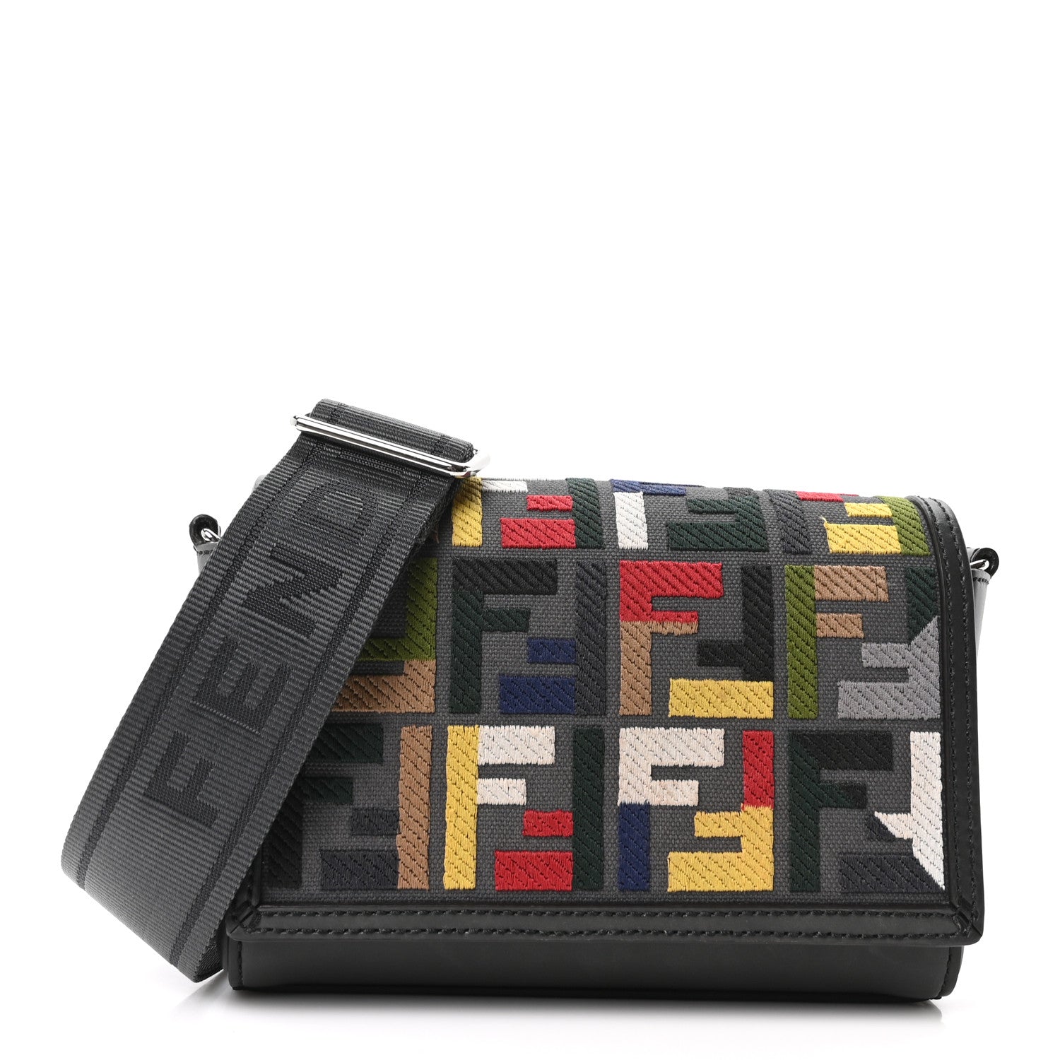 Fendi Canvas Vitello King Seta FF Embroidered Mini Compact Messenger Bag Asfalto Multicolor 1 of 10