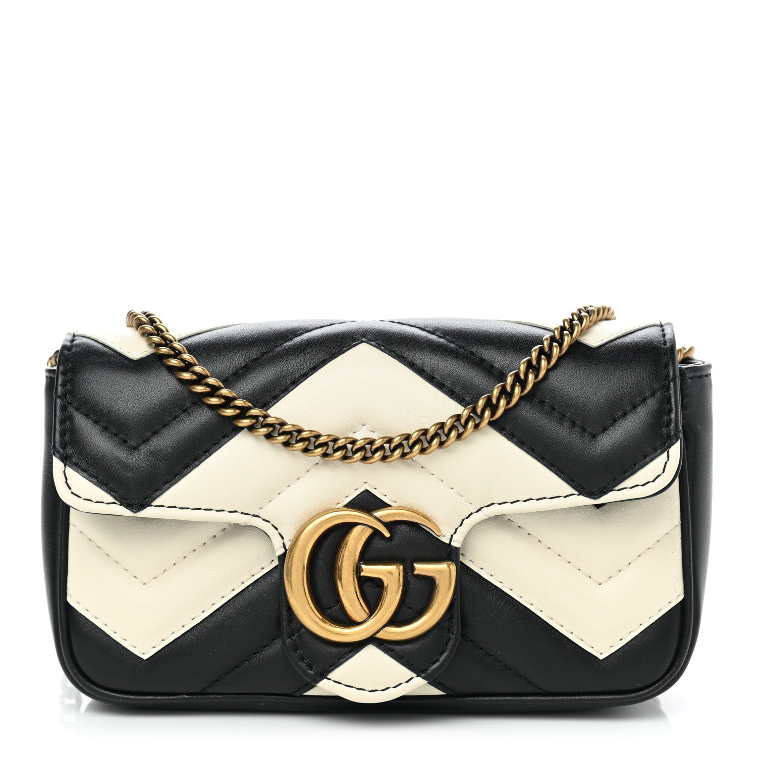 Gucci Calfskin Matelasse Super Mini GG Marmont Shoulder Bag Black White 1 of 10