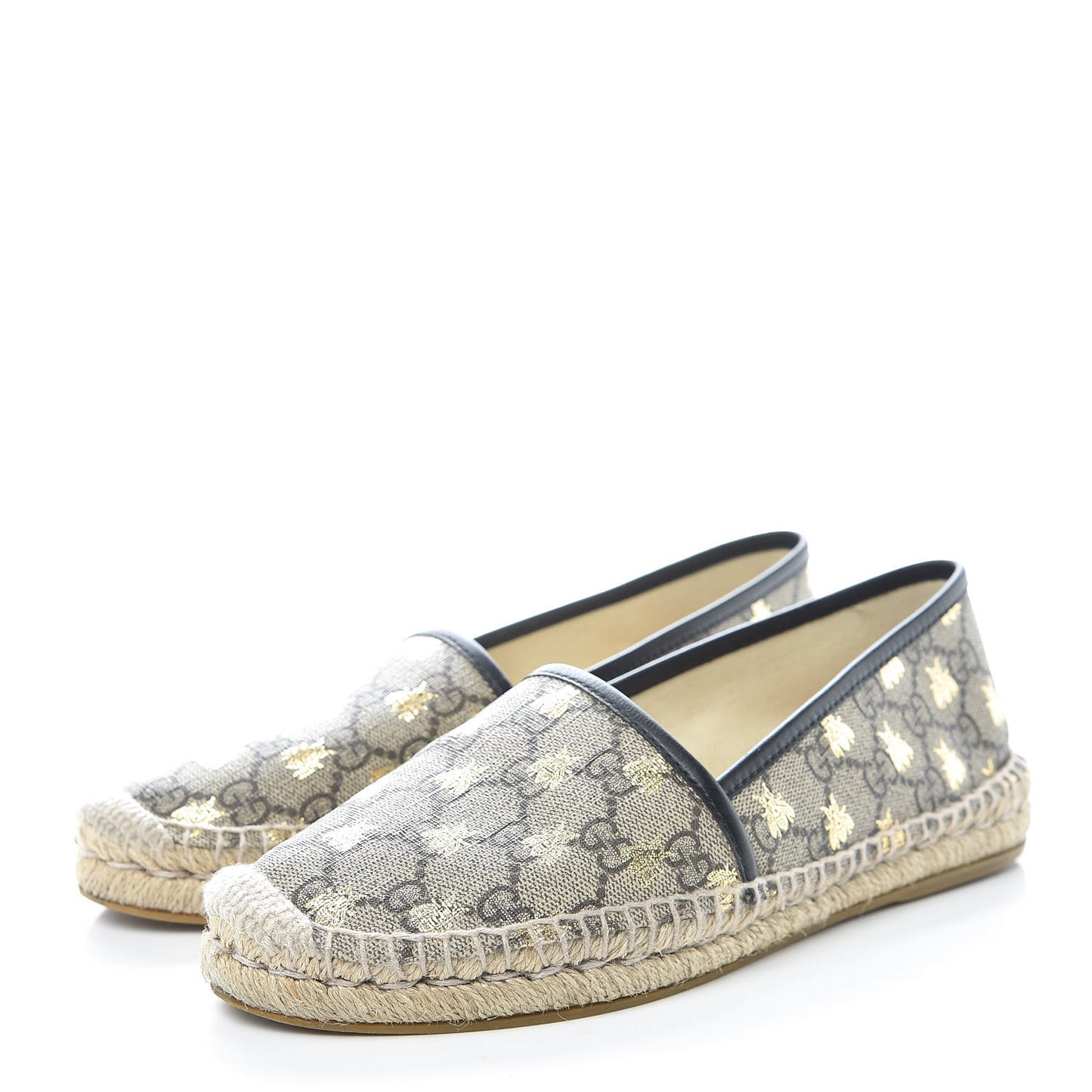 GG Supreme Monogram Bees Espadrille Flats 38 Beige Ebony Oro Black