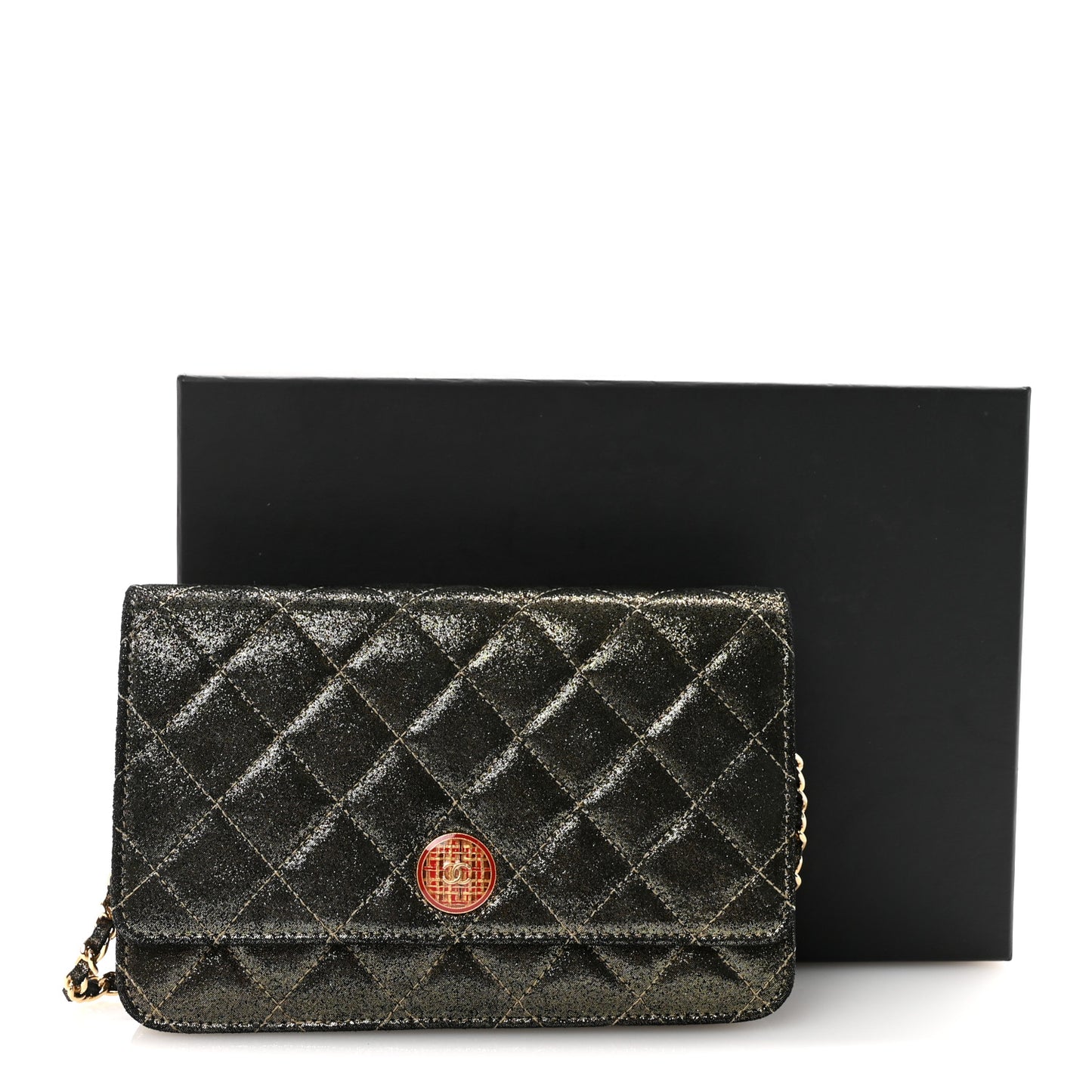 Iridescent Calfskin Quilted Tartan Button Wallet on Chain WOC Gold