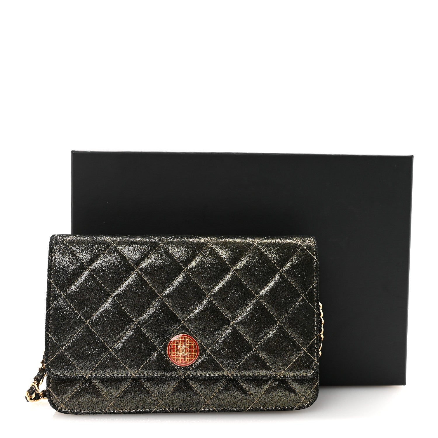 Chanel Iridescent Calfskin Quilted Tartan Button Wallet on Chain WOC Gold 12 of 12