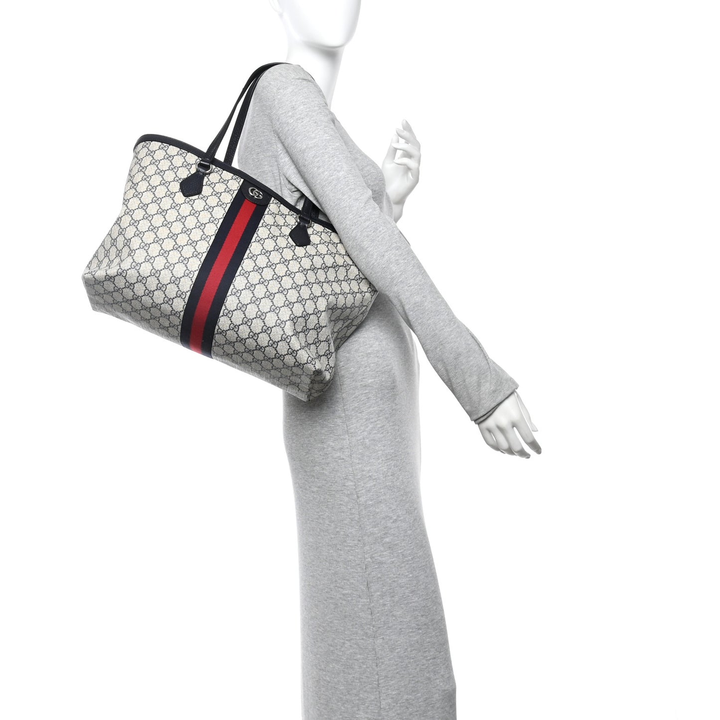 GG Supreme Monogram Textured Calfskin Web Medium Ophidia Shopping Tote Beige Blue