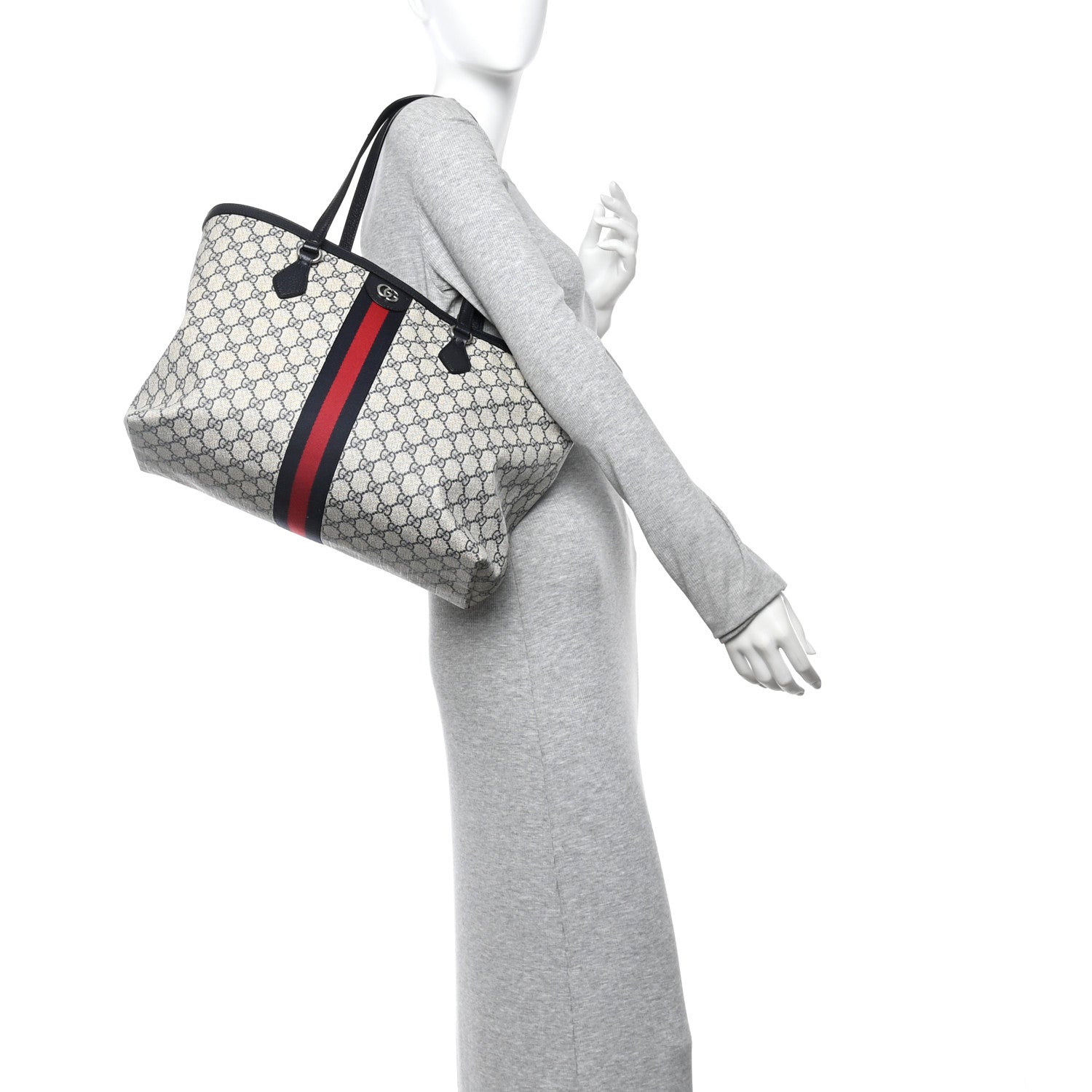 Gucci GG Supreme Monogram Textured Calfskin Web Medium Ophidia Shopping Tote Beige Blue 2 of 10