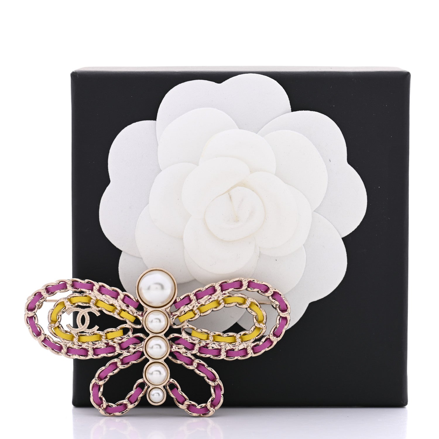 Chanel Lambskin Chain Pearl CC Butterfly Brooch Pink Yellow Gold 5 of 5