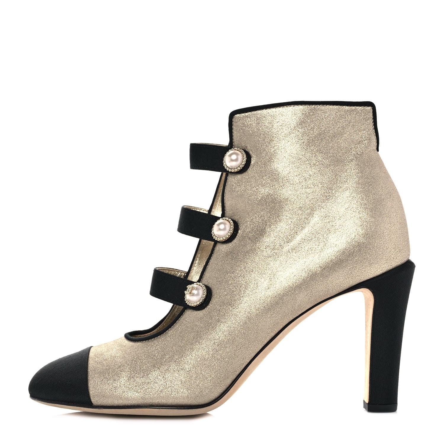 Chanel Metallic Lambskin Grosgrain Cap Toe Pearl Ankle Boots 39.5 Gold 1 of 8