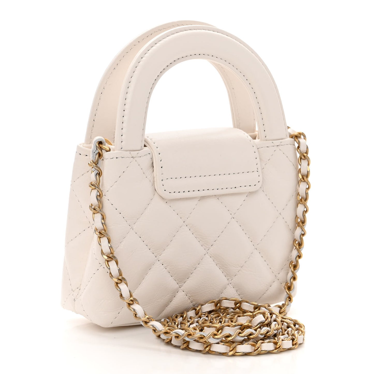 Shiny Aged Calfskin Quilted Mini Nano Kelly Shopper White