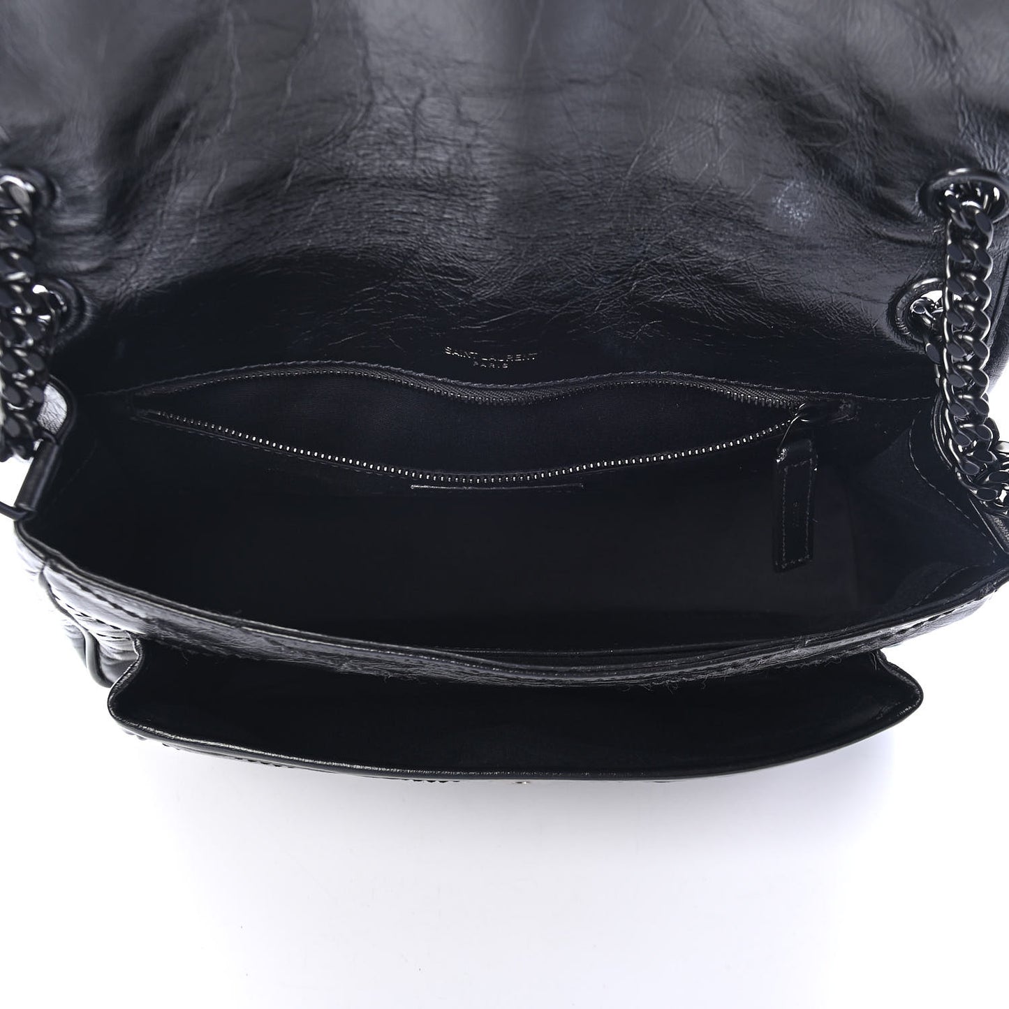 Crinkled Calfskin Matelasse Monogram Medium Niki Chain Satchel Black