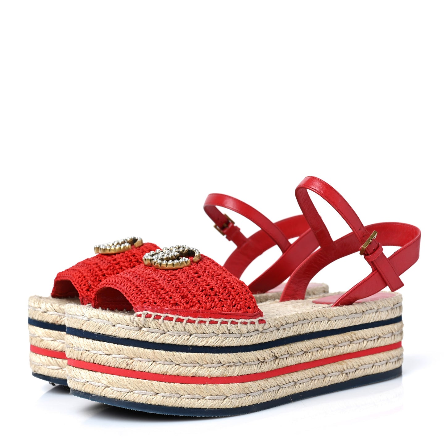 Cotton Malaga Kid Crochet Pearly GG Lilibeth Espadrille Platform Sandals 37.5 Hibiscus Red