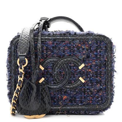 Chanel Tweed Snakeskin Quilted Small CC Filigree Vanity Case Navy Multicolor 1 of 11