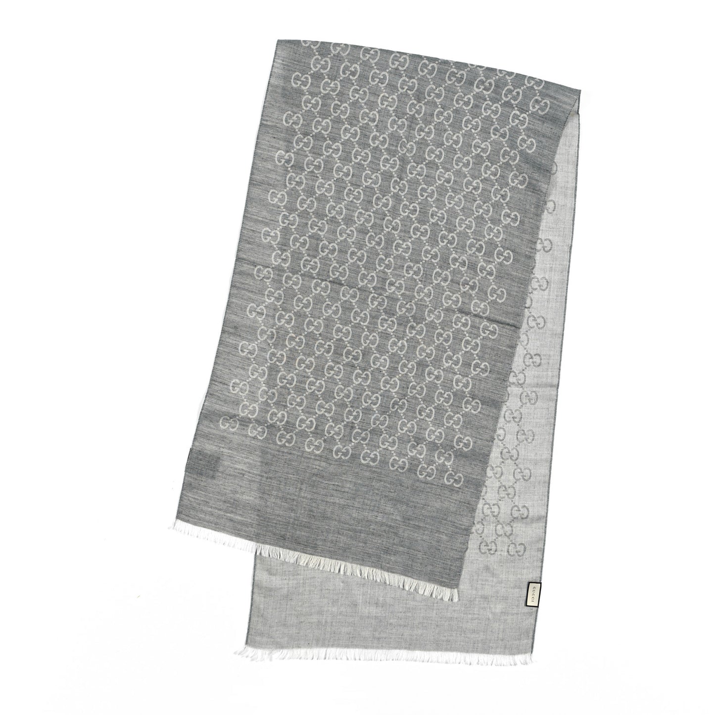 Wool Silk Monogram Fringe Scarf Grey