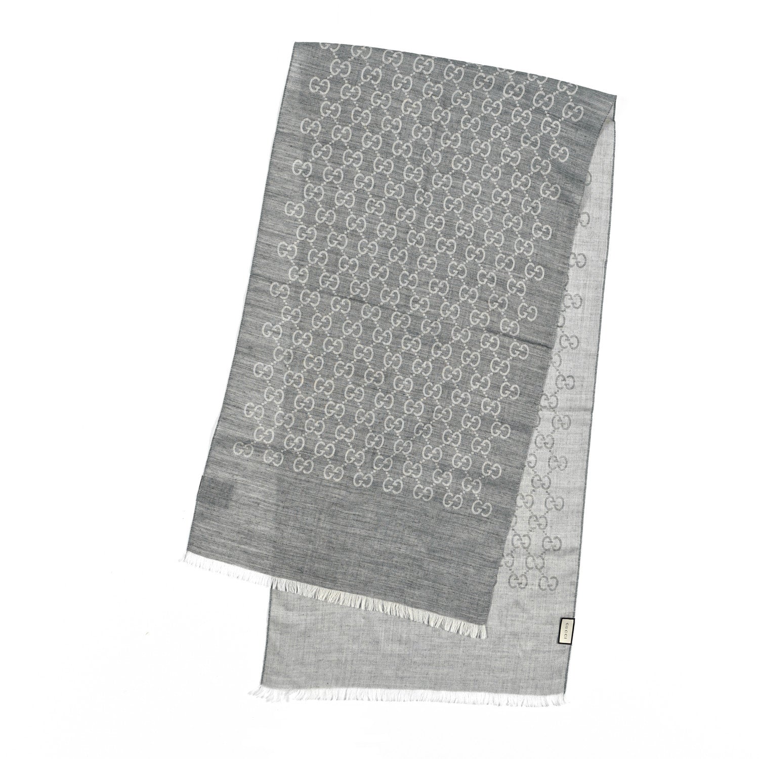 Gucci Wool Silk Monogram Fringe Scarf Grey 2 of 6