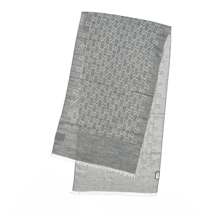 Gucci Wool Silk Monogram Fringe Scarf Grey 2 of 6