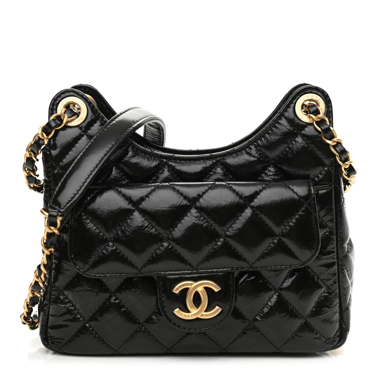 Shiny Crumpled Calfskin Quilted Small Wavy CC Hobo Black