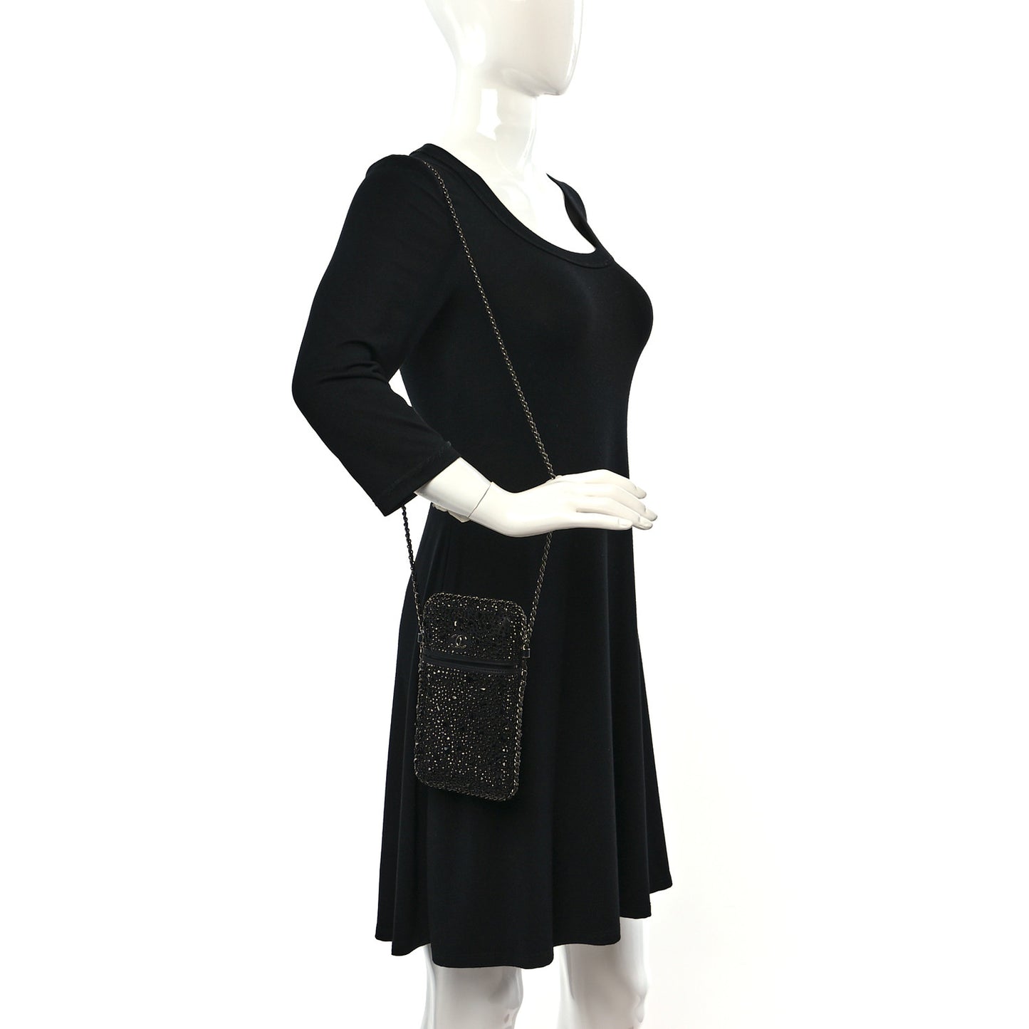 Satin Crystal Chain Around Phone Holder Black