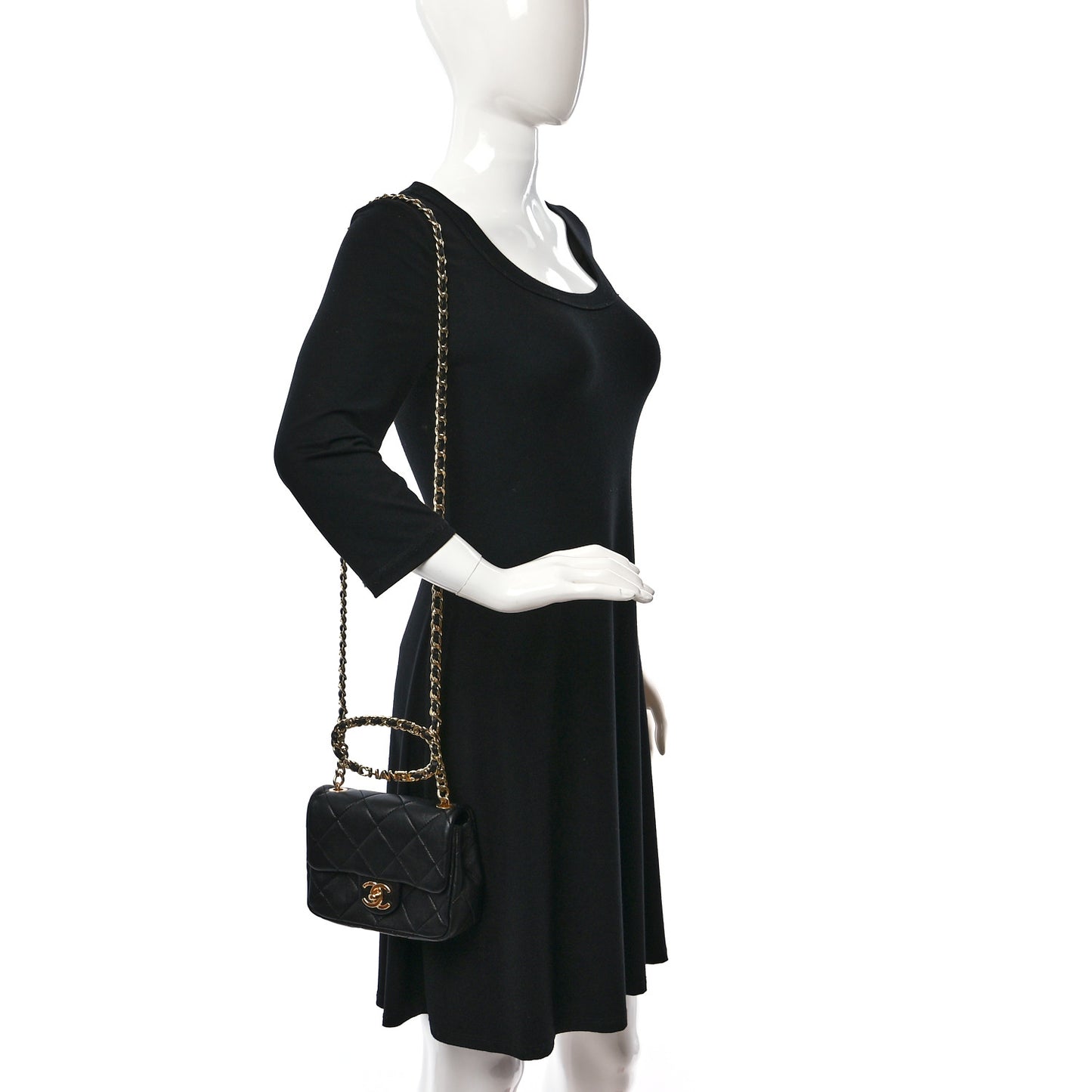 Lambskin Metal Quilted Mini Top Handle Square Flap Black