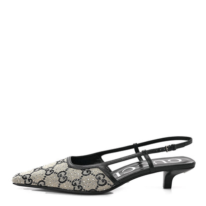 Gucci GG Monogram Malaga Kid Crystal Square G 35mm Slingback Pumps 37.5 Beige Blue 1 of 8