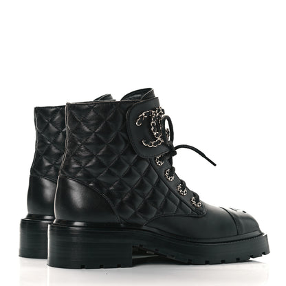 Chanel Shiny Lambskin Quilted Lace Up Combat Boots 36 Black 4 of 7